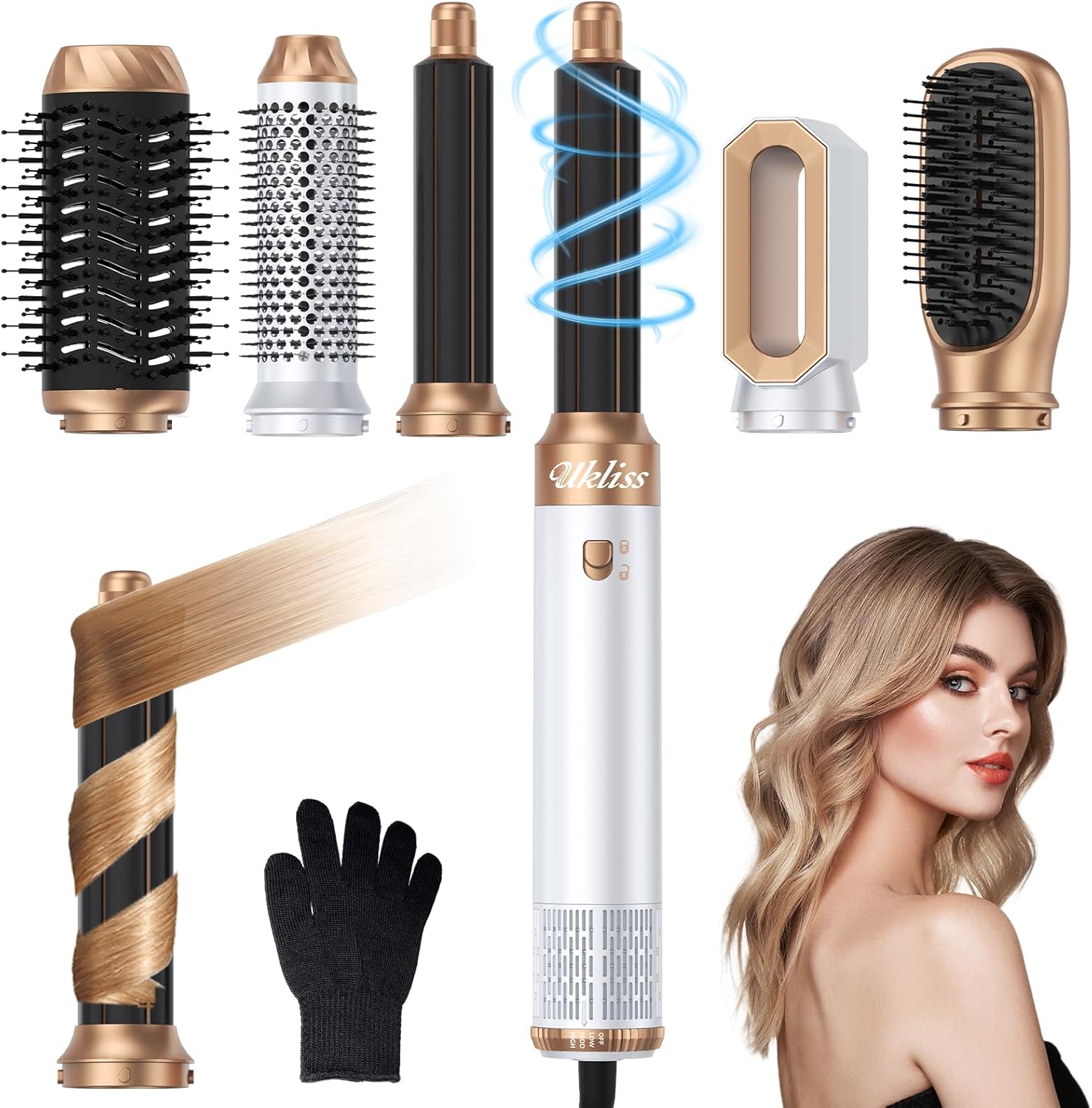 6 in 1 Blow Dryer Brush & Air Styler – Ionic Hair Dryer Brush for Straight/Curly/Thick Hair, Auto Curler, Magic Styler for Fast Drying, Frizz-Free, Salon & Travel Use (ALCI Plug) (White)
