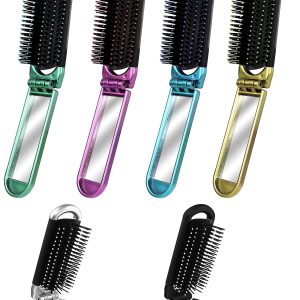 6 PCS Folding Travel Hairbrush Set with Compact Mirror for Women - Mini Pocket Brush with Mirror for Purse and Girls