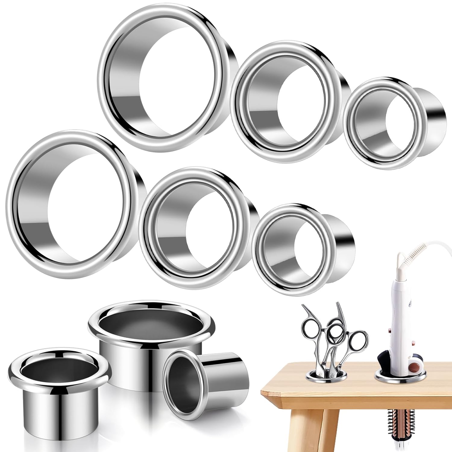 6 Pcs Hair Dryer Holder Insert Salon Hair Station Hot Iron Appliance Tube Stainless Steel Hair Tool Holder Tube and Comb Accessories Salon Station Organizer for Hairdresser Bathroom, 3 Sizes