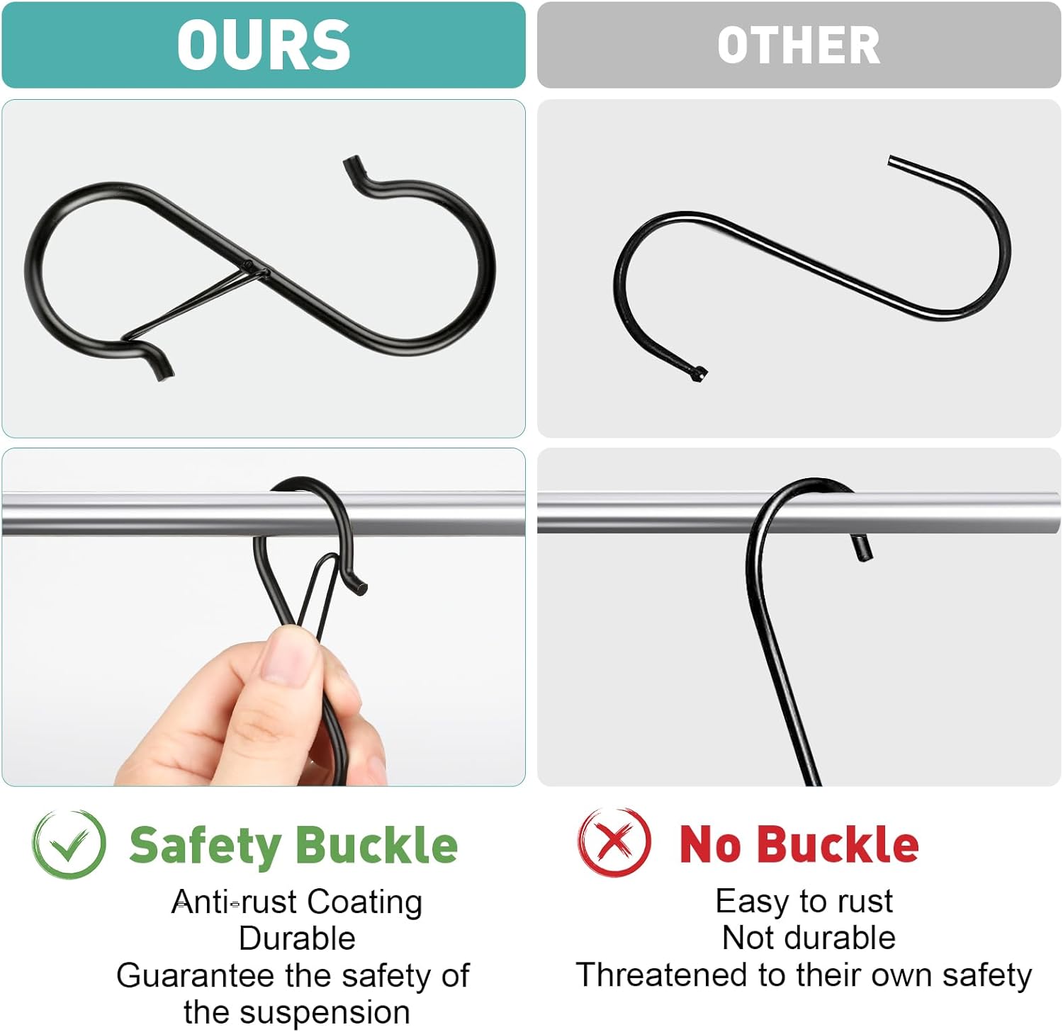 Navona 12 Piece Heavy Duty 3.5 Inch Metal S Hooks with Safety Buckle for Hanging - Image 5