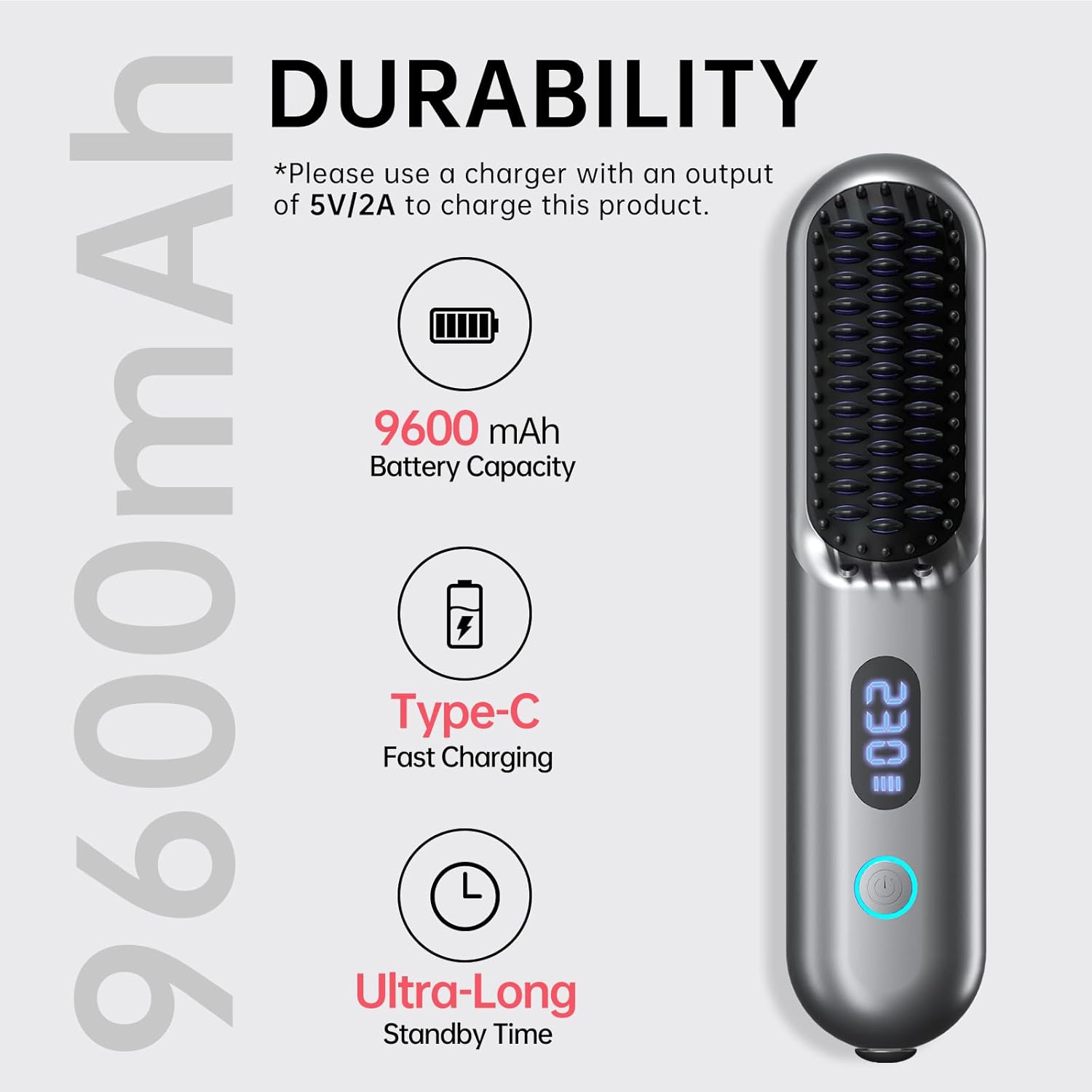Cordless Hair Straightener Brush Metallic Grey 9 Temp Settings 9600mAh Battery Mini Travel - Image 2