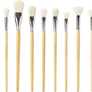 11-Piece Acrylic Painting Brush Set - Mop & Blending Brushes for Watercolor, Gold Leaf Gilding & Pottery Glazing - Goat Hair/Synthetic Mix (Oval,Flat,Fan,Hake)