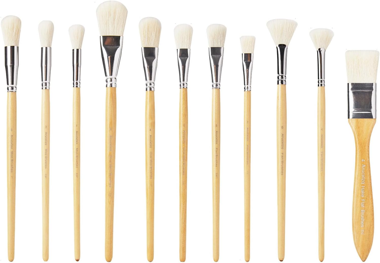 11-Piece Acrylic Painting Brush Set - Mop & Blending Brushes for Watercolor, Gold Leaf Gilding & Pottery Glazing - Goat Hair/Synthetic Mix (Oval,Flat,Fan,Hake)