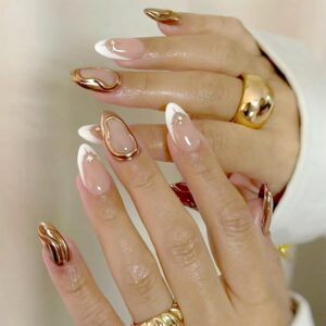 French Tip Press on Nails White Fake Nails with Star Rhinestones Design False Nails Full Cover White French Acrylic Nails 3D Gold Irregularity Chrome Glue on Nails Star Stick on Nails for Women 24Pcs