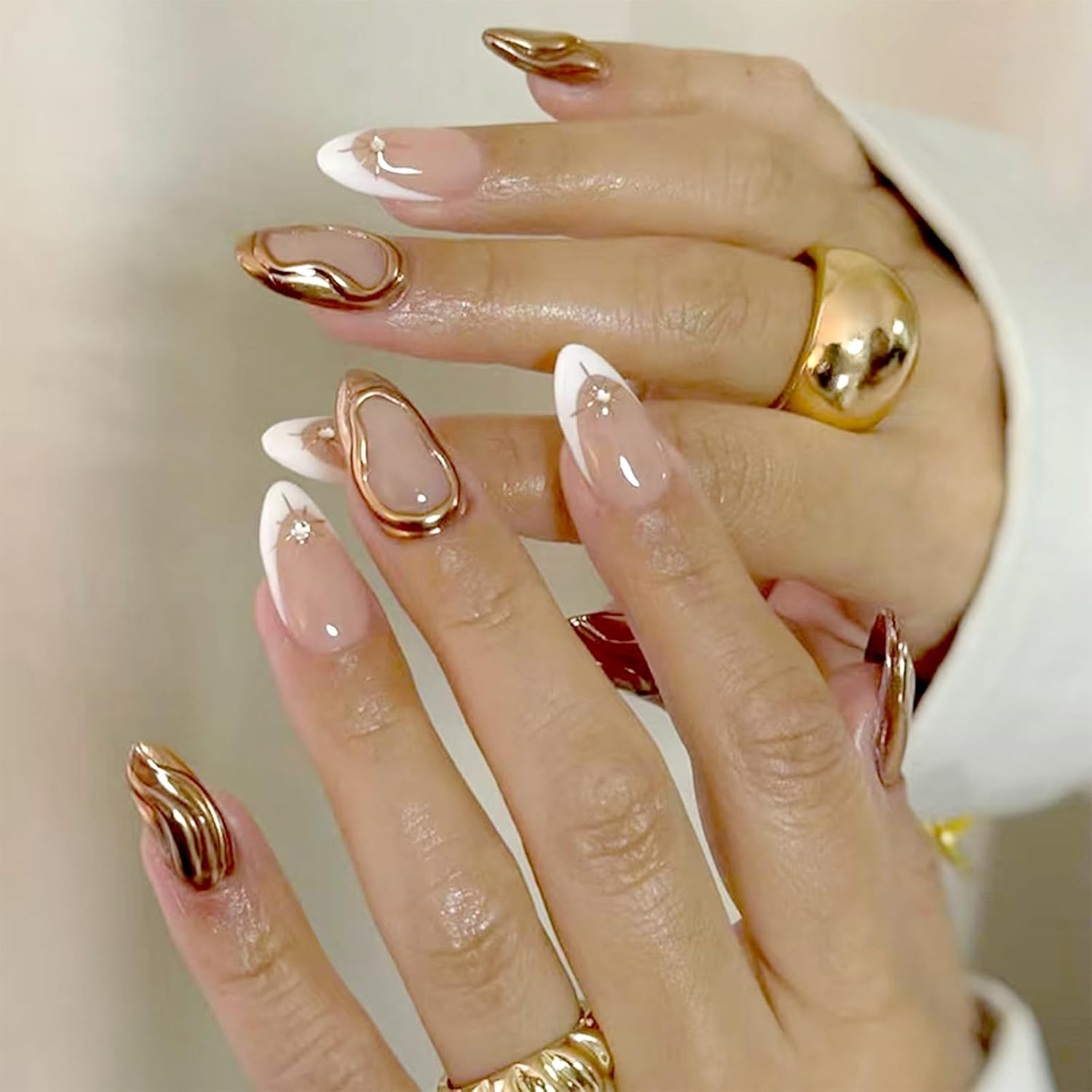 French Tip Press on Nails White Fake Nails with Star Rhinestones Design False Nails Full Cover White French Acrylic Nails 3D Gold Irregularity Chrome Glue on Nails Star Stick on Nails for Women 24Pcs