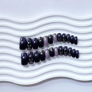Coffin Press on Nails Medium Fake Nails with Glitter Designs Black Nails Press ons Acrylic False Nails Full Cover Stick on Nails Glue on Nails for Women 24 pcs