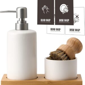 White Kitchen Soap Dispenser Set with Bamboo Tray,13 oz Dish Soap Dispenser Kitchen with Pot Brush,4pcs Hand and Dish Soap Dispenser Set for Kitchen(Ceramic)