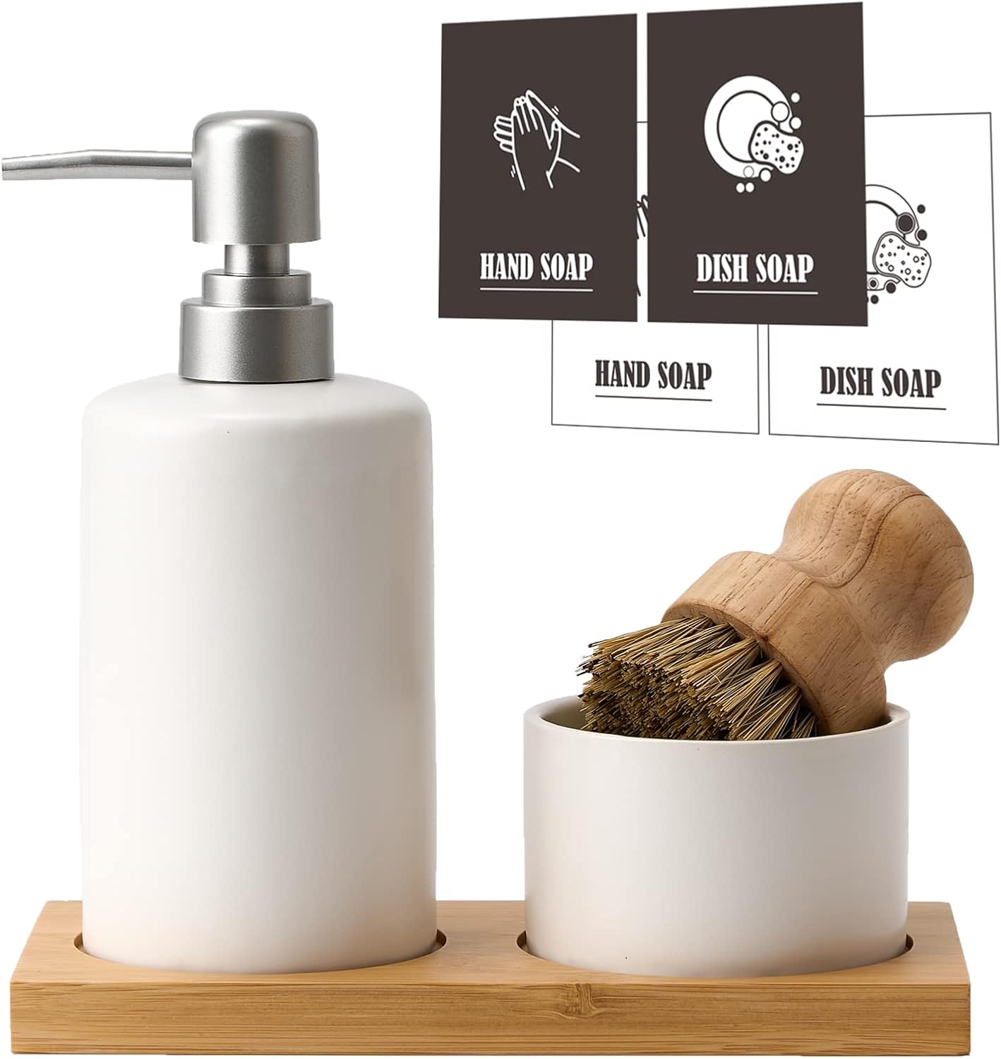 White Kitchen Soap Dispenser Set with Bamboo Tray,13 oz Dish Soap Dispenser Kitchen with Pot Brush,4pcs Hand and Dish Soap Dispenser Set for Kitchen(Ceramic)