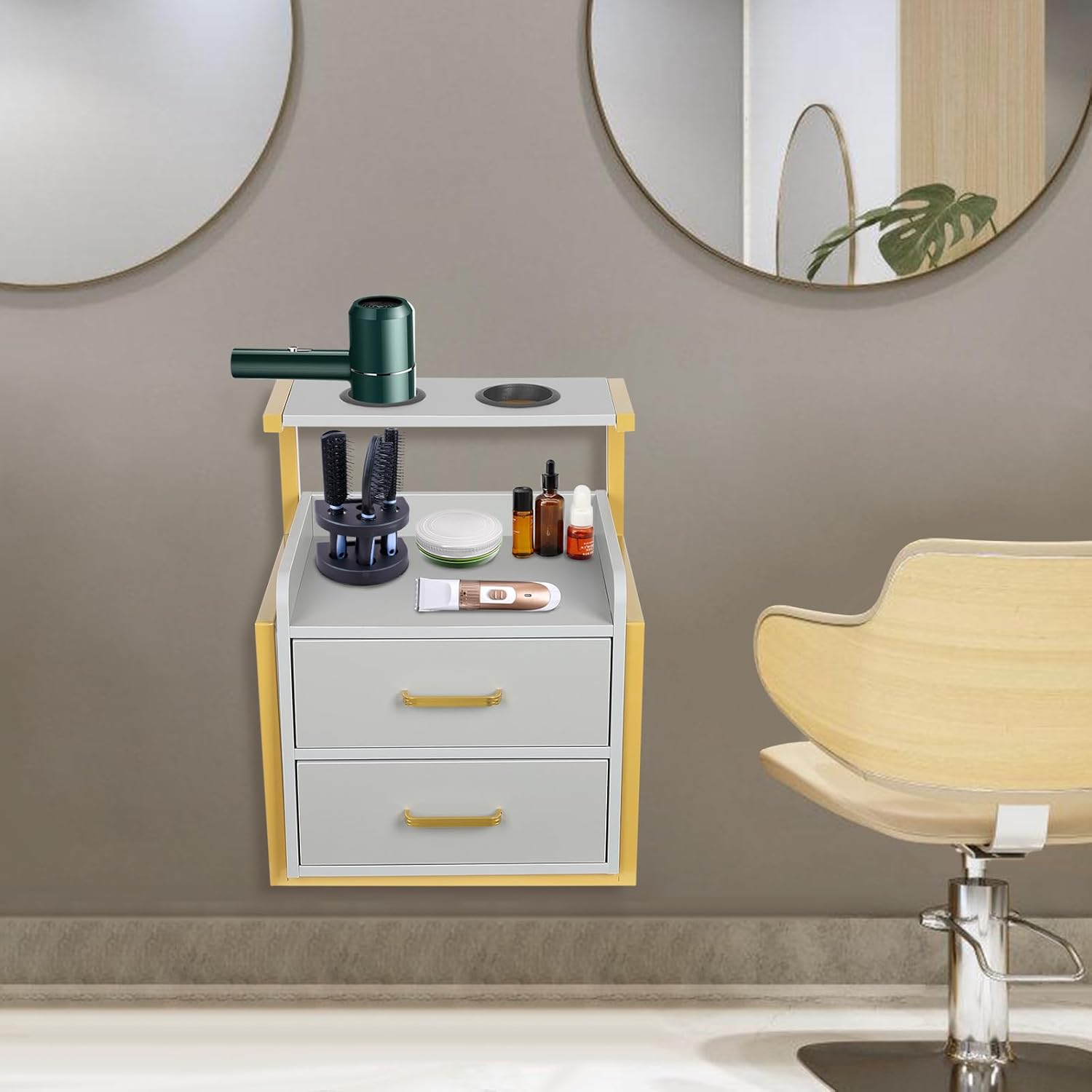 Wall Mount Salon Station, Floating Salon Wall Storage Cabinet, Beauty Barber Stations with 2 Storage Drawers & Hair Dryer Stand, Hair Cutting Station for Stylist Beauty Shops Home (Gold+Grey)