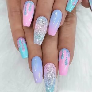Ombre Press on Nails Medium Coffin Fake Nails Macaron Color Gradient False Nails With Glitter Designs Full Cover Stick on Nails Reusable Acrylic Artificial Nails Glue on Nails for Women 24Pcs
