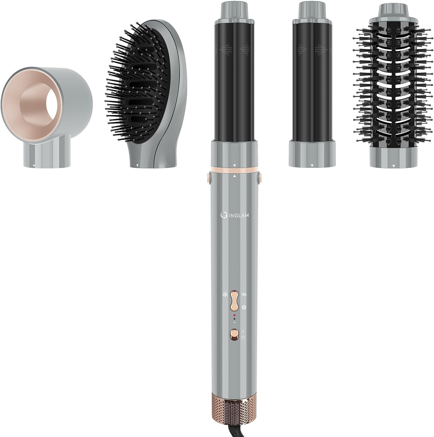 IG INGLAM MegaAIR Styler, 5 in-1 Professional Interchange Hair Dryer Brush 110,000 RPM Brushless BLDC Motor Ionic Hot Air Styler Volumizing and Shape, Gray