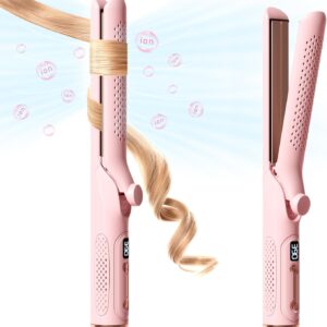 Hair Straightener and Curler 2-in-1, 360° Airflow Styler Curling Iron, 1.25 Inch Curling Wand, 20 Million Negative Ion Hair Care, 5 Temps & Auto Off, Dual Voltage (Pink)