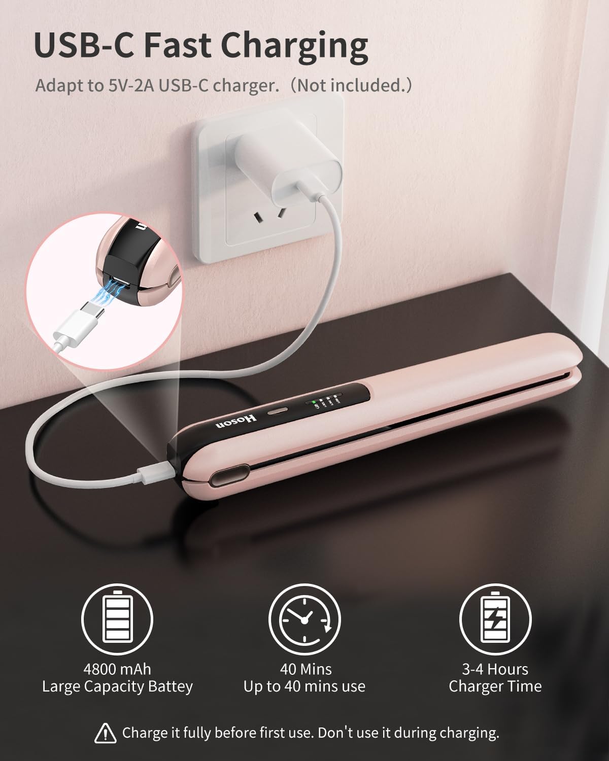 Hoson Pink Mini Cordless 2-in-1 Hair Straightener and Curler USB-C Rechargeable for Short Hair 1-Inch Barrel - Image 6