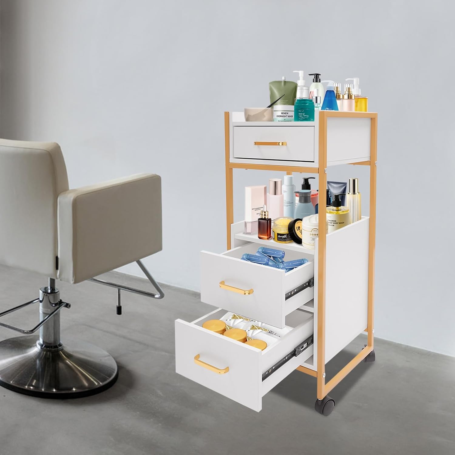 Gold and White 5-Drawer Salon Barber Trolley with Lockable Wheels and Hair Dryer Holder - Image 4