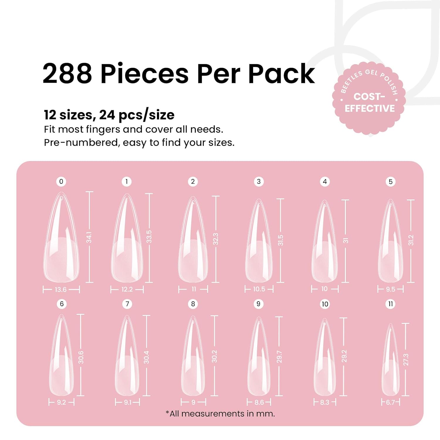 Beetles Stiletto Medium 288 Piece Pre-Shaped Soft Gel Acrylic Nail Tips - Image 2