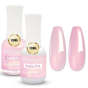 Allstarry Bubble Bath Gel Nail Polish, Air Dry Pink Nail Polish & UV/LED Pink Gel Polish Comb Each 0.5 fl.oz/15ml Fingernail Polish for Valentines Nail Art DIY Manicure Gift for Women