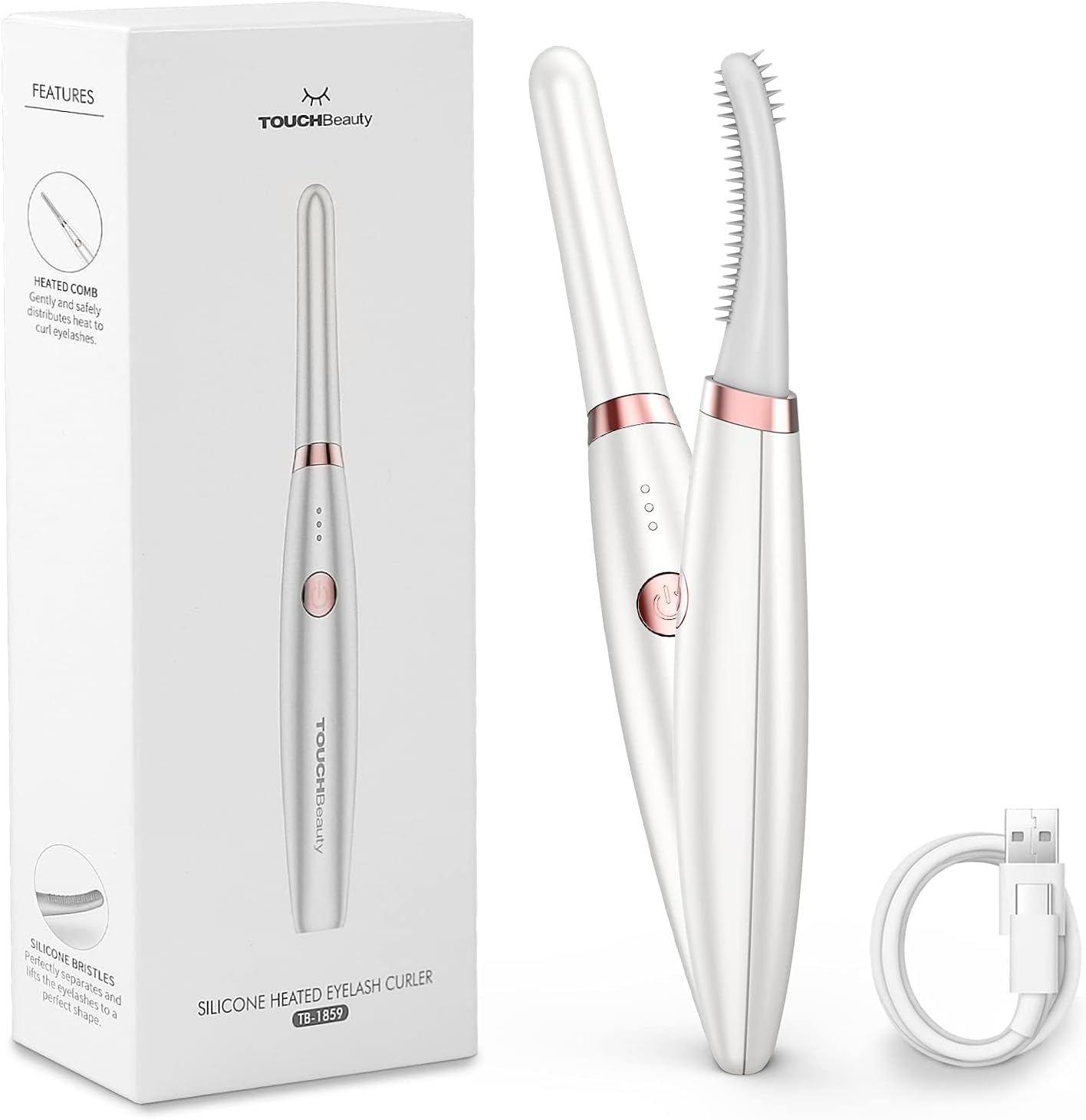 Heated Eyelash Curler, TOUCHBeauty Electric Eyelash Curler USB Rechargeable Eyelash Curler with 3 Temperature Settings Silicone Comb Lash Curler for Girls Women Quick Heating Curling1859