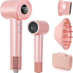 Hair Dryer with Diffuser, Professional High-Speed Blow Dryer, Negative Ionic Hair Dryers for Women, 110,000 RPM Fast Drying, 5 Temps & 3 Speeds, with HD Digital Screen & Carrying Case, Light Pink