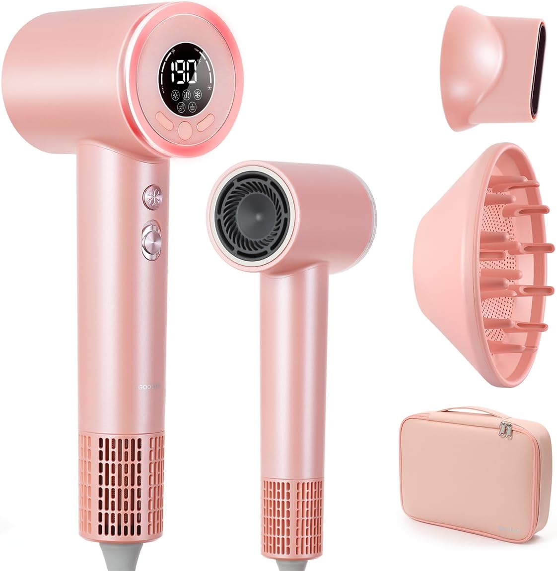 Hair Dryer with Diffuser, Professional High-Speed Blow Dryer, Negative Ionic Hair Dryers for Women, 110,000 RPM Fast Drying, 5 Temps & 3 Speeds, with HD Digital Screen & Carrying Case, Light Pink