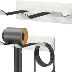 Hair Dryer Holder, Wall Mounted Rack Compatible with All Hair Dryer, Space Organizer for Bathroom/Bedroom/Washroom/Barbershop, 304 Stainless Steel, Self Adhesive (Silver)