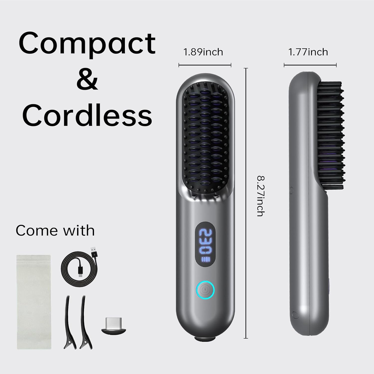 Cordless Hair Straightener Brush Metallic Grey 9 Temp Settings 9600mAh Battery Mini Travel - Image 8