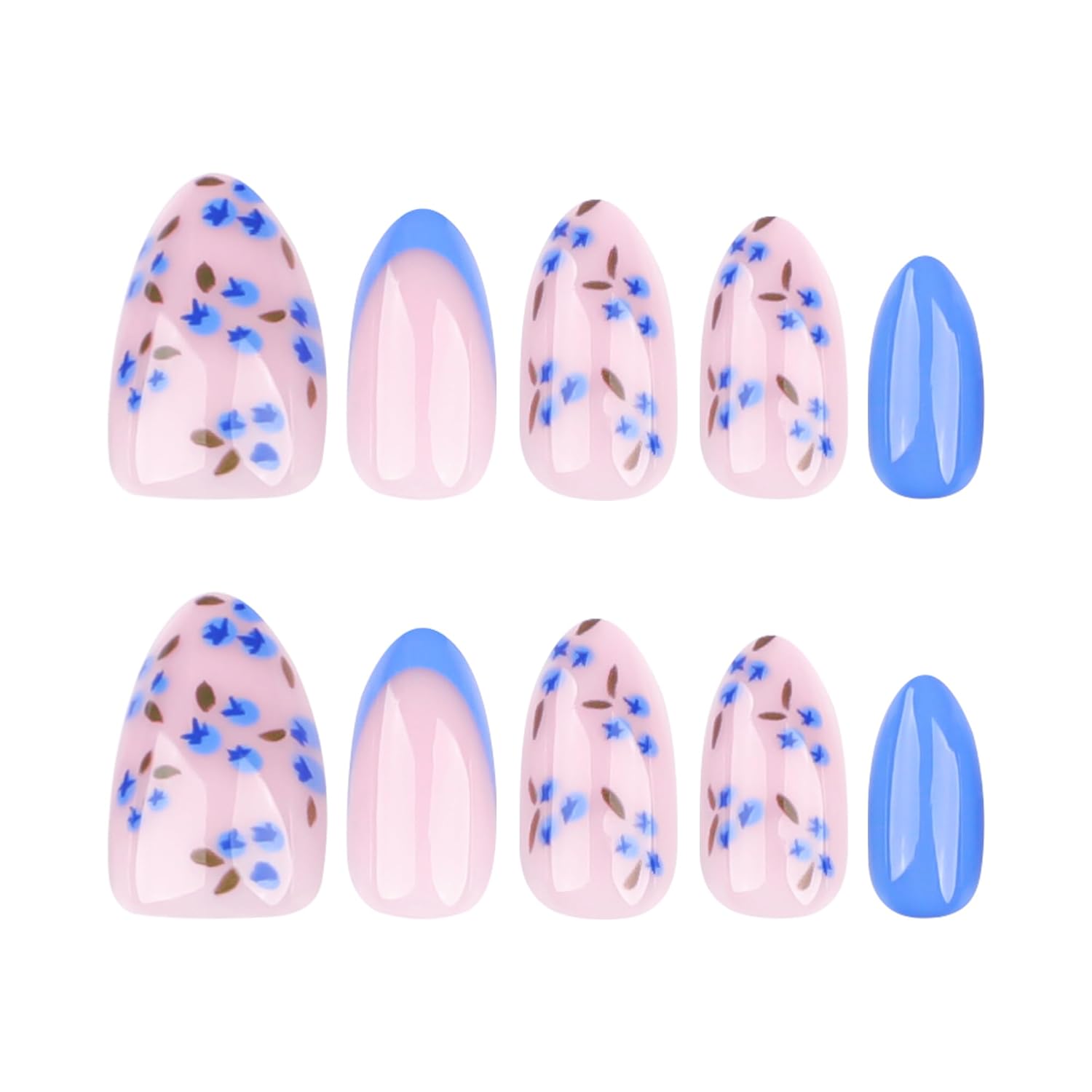 Blue Flower Short Almond Acrylic Press On Nails for Women - 24 Pieces with Glue - Image 2