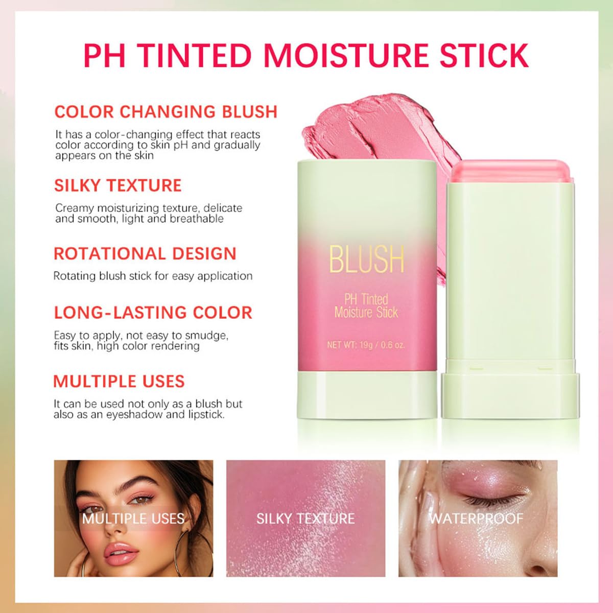 PH Tinted Moisture Stick Shy Pink 3-in-1 Color Changing Blush for Cheeks Eyes Lips 0.35 oz - Image 9