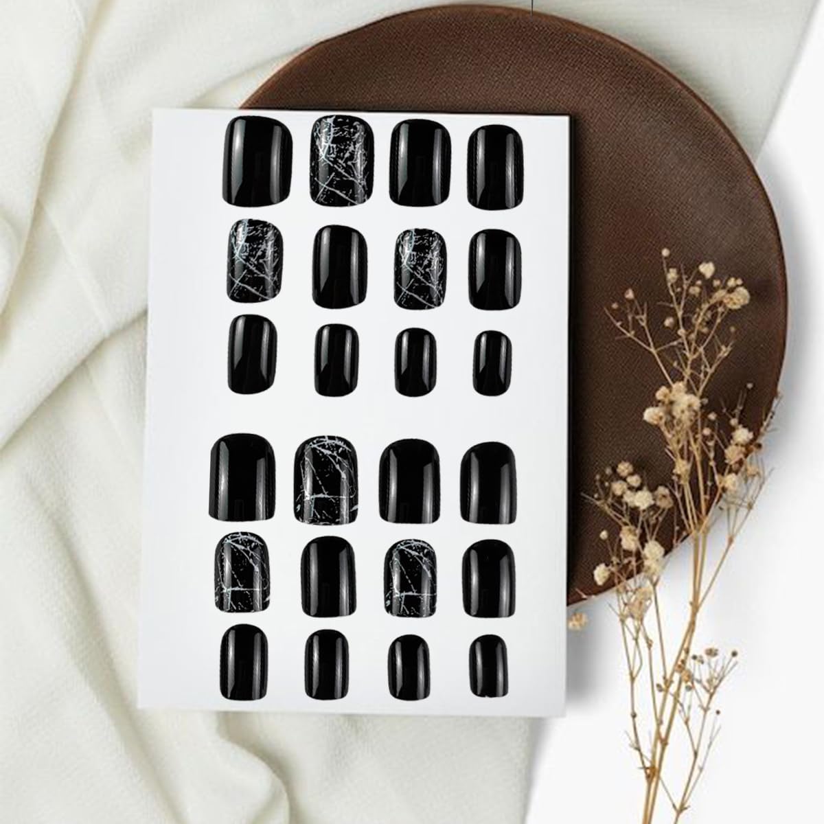 24 Pcs Short Square Glossy Black Press on Nails with Marble Designs for Nail Art - Image 5
