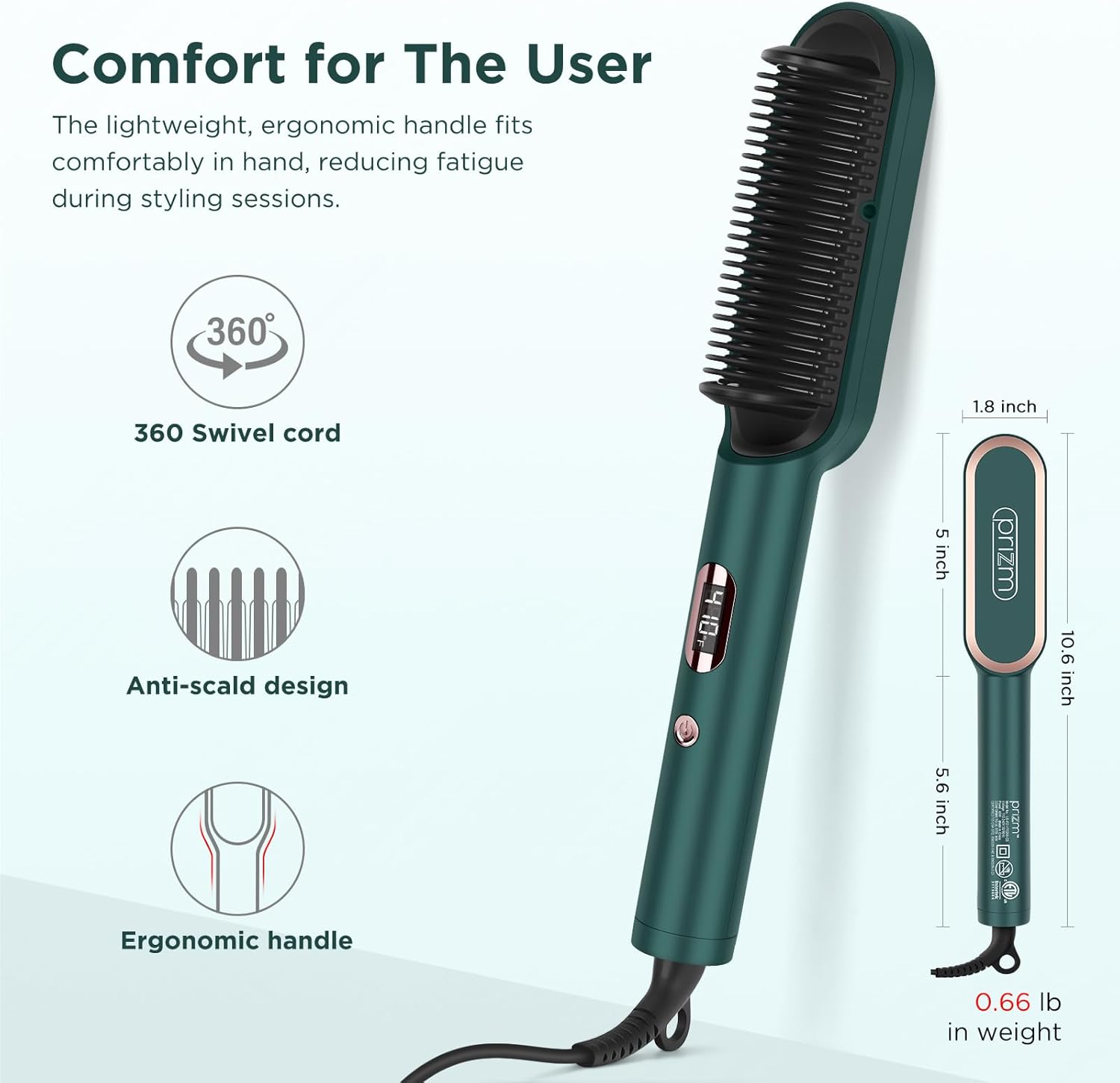 Prizm Dark Green Hair Straightener Brush with Fast Heating, 4 Temperature Settings, Anti-Scald - Image 8
