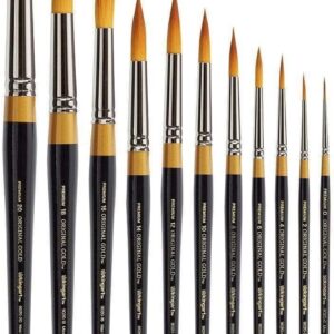 KINGART B-028 Premium 11 pc. Original Gold 9020 Series Ultra Round Artist Brush Set, Synthetic Golden Taklon Hair for Watercolor, Acrylic, Gouache and Oil Paint, Short Handle, Set of 11 Sizes: 0-20