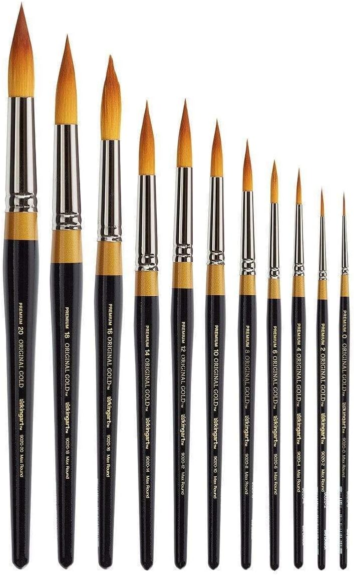 KINGART B-028 Premium 11 pc. Original Gold 9020 Series Ultra Round Artist Brush Set, Synthetic Golden Taklon Hair for Watercolor, Acrylic, Gouache and Oil Paint, Short Handle, Set of 11 Sizes: 0-20