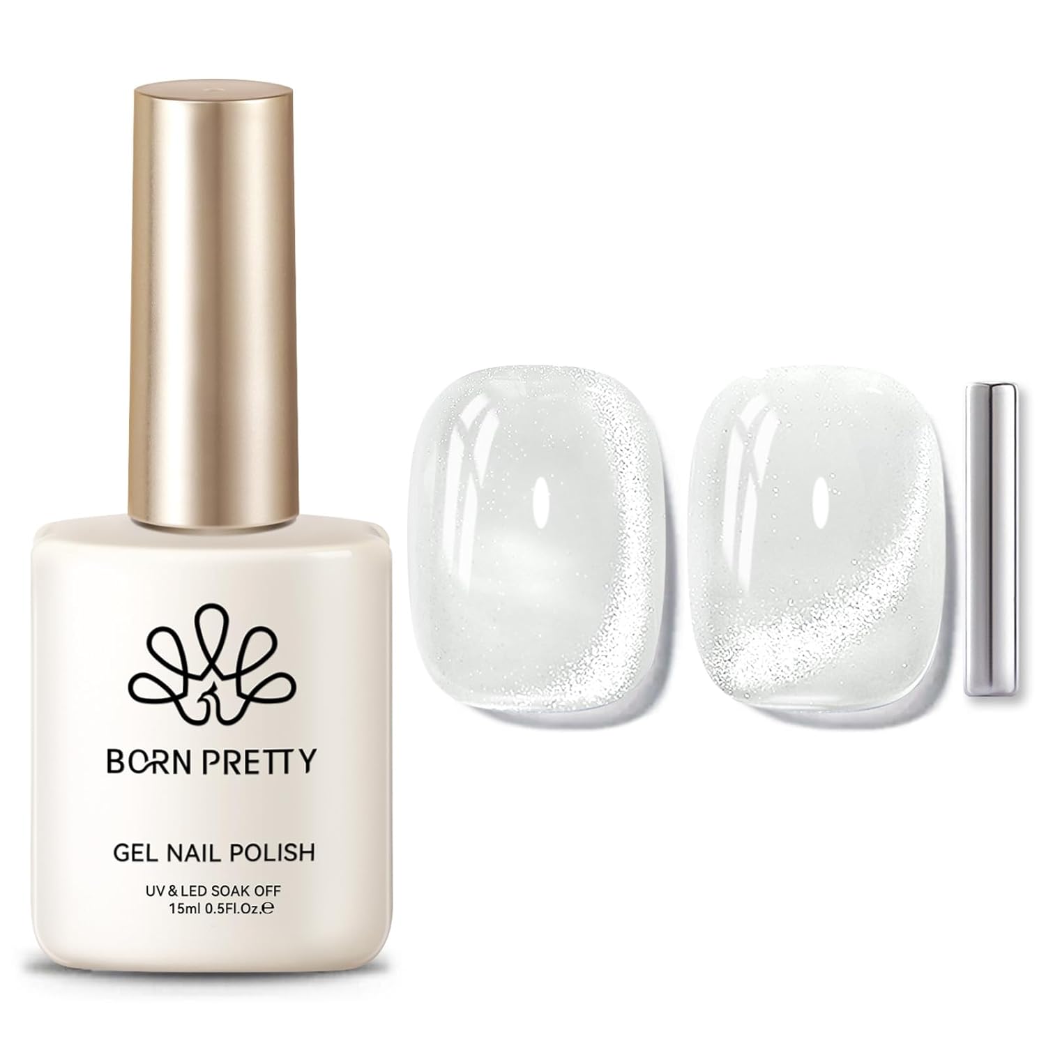 BORN PRETTY Cat Magnetic Eye Gel Nail Polish, Milky White Cat Glitter Cat Magnetic Gel Nail Polish, Holographic Magnetic Nail Polish for Nail Art Manicure Salon DIY at Home 15ML