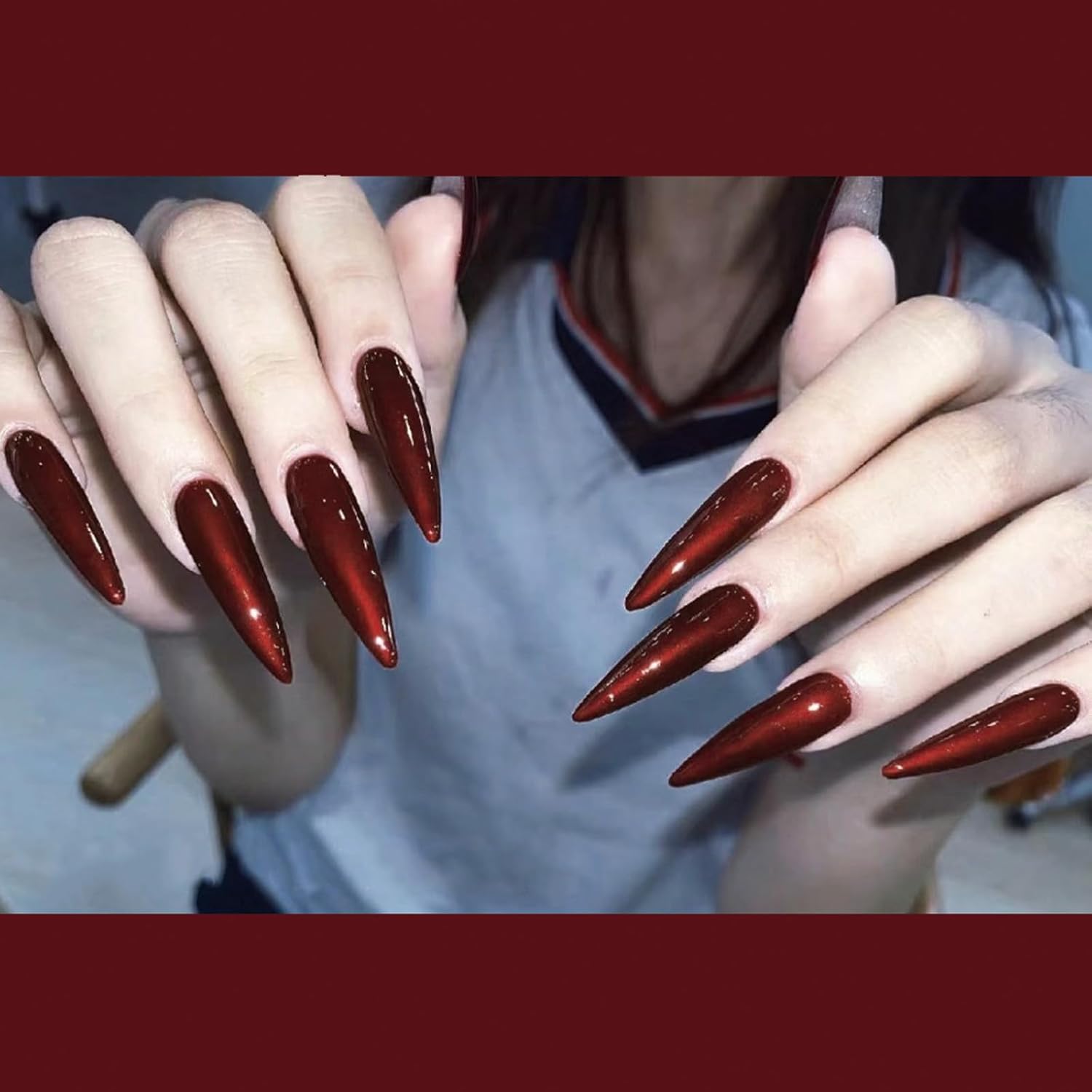 Extra Long Glossy Red Stiletto Press on Nails Kit 24 pcs with Glue - Image 5