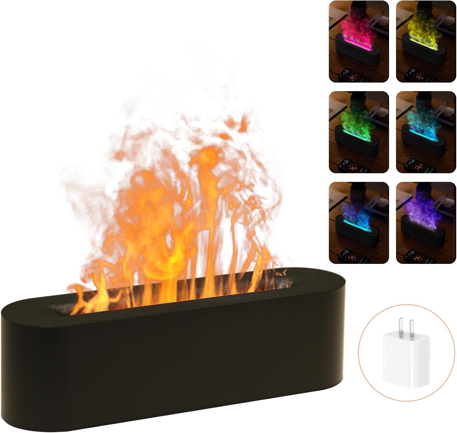 Essential Oil Air Diffuser Flame Colorful Water Vapor Fire Fireplace Humidifier for Aromatherapy Aroma Therapy Cordless Machine Room Bedroom,Black,Battery Operated