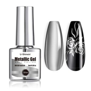Gel Nail Polish, Metallic Super Shiny Mirror Silver 3D Bright Mirror Effect High Gloss Metal Gel Polish Long-Lasting High Glossy Metallic Nail Gel Soak Off UV/LED DIY Nail Art 5ml