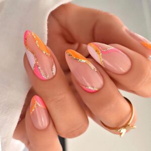 Orange Press on Nails Medium Almond Fake Nails False Nails with Design Gold Glitter Swirl Wave Acrylic Glue on Nails Artificial Glossy Stick on Nails for Women Girls Manicure Decoration 24Pcs