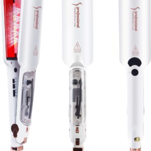 DORISILK Professional 2 Tourmaline Ceramic Flat Iron - Steam and Infrared Heat for Straightening, Curling, Dual Voltage Control (White)