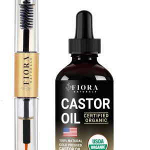 Organic Castor Oil for Eyelashes, Eyebrows, Hair & Face – Cold Pressed Hexane Free 100% Pure Aceite De Ricino Organico, Lash & Brow Serum with Refillable Mascara Tube (unfilled), 1oz Glass Bottle