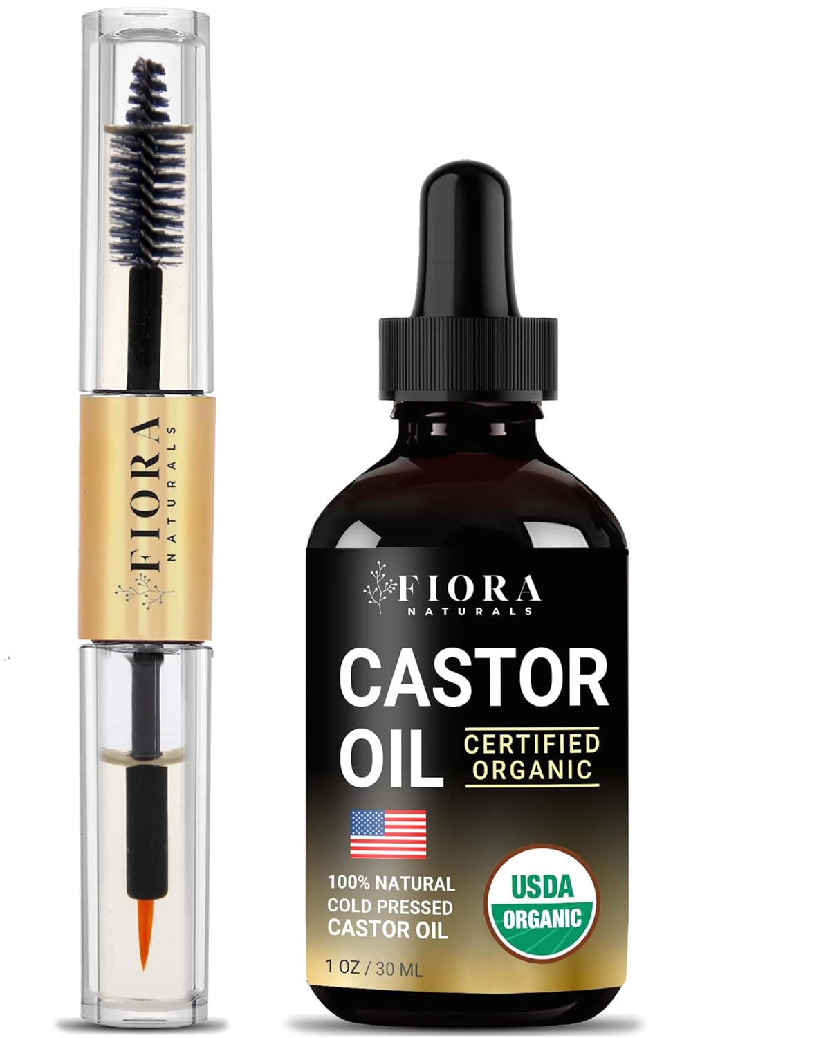Organic Castor Oil for Eyelashes, Eyebrows, Hair & Face – Cold Pressed Hexane Free 100% Pure Aceite De Ricino Organico, Lash & Brow Serum with Refillable Mascara Tube (unfilled), 1oz Glass Bottle