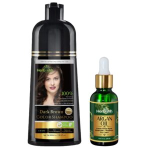 Herbishh Dark Brown Hair Color Shampoo - 3-In-1 Magic Dye for Gray Hair 500 Ml + Argan Oil for Dull, Dry Damaged Hair 30ML