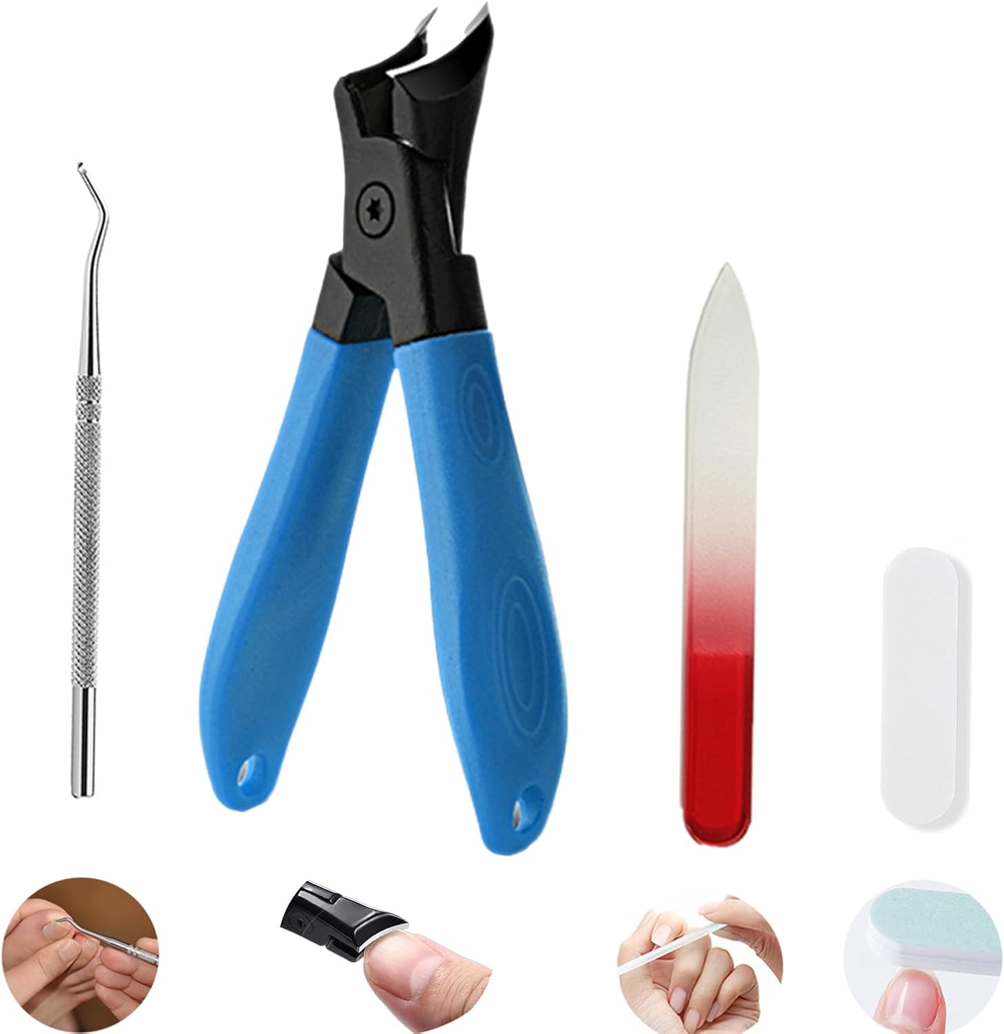4 pcs Set Thick Hard Bevel Nail Clipper,Nano-Glass Nail Files,ingrown Nail Lifter,Nail Buffer, Long Handle Adult toenails Stainless Steel Large Opening Pliers Head Large Nail Clippers