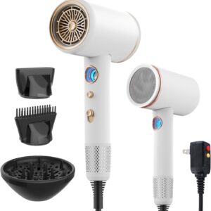 Professional Hair Dryer,1875 Watt High-Speed Ionic Blow Dryer with Diffuser/Concentrator/Comb Nozzle,LED Temp Display,Intelligent Temp Control,Low Noise for Home Salon Travel (White)