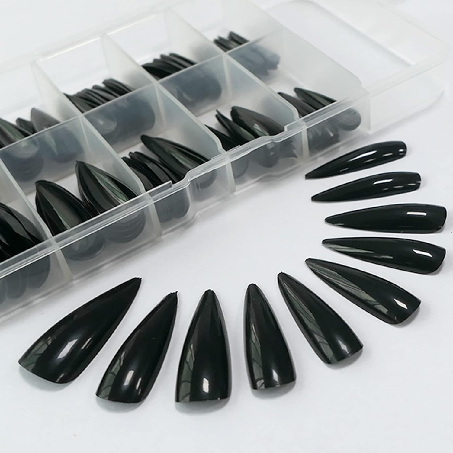 Glossy Fake Nail 100pc Full Cover Acrylic Black Long Stiletto Press on Nails art Tips False Nail for Beginner Women and Girls Manicure(Black)