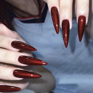 SINHOT Stiletto Press on Nails Extra Long Fake Nails with Glue Glossy False Nails with Red Designs Full Cover Almond Acrylic Nails 24 pcs