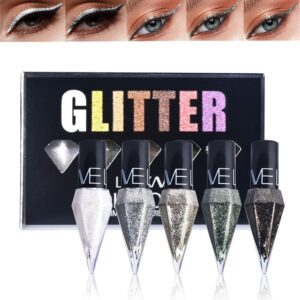 Go Ho Glitter Eyeliner Set, 5 Colors Metallic Shimmer White Silver Brown Diamond Shine Eye Liner, Waterproof Long Lasting Glow Sparkle Eye Glitter Makeup