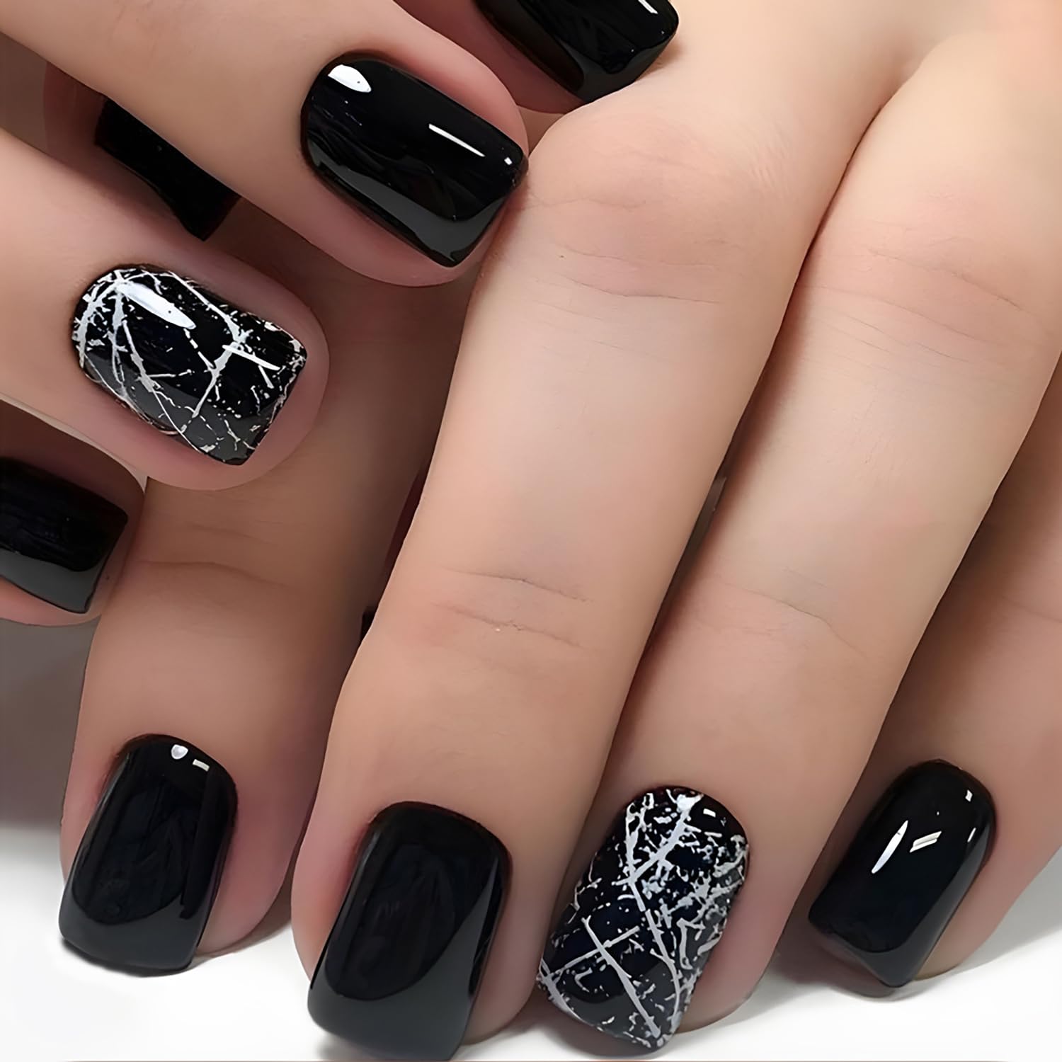24 Pcs Black Press on Nails Short Square Glossy Fake Nails with Marble Designs Black White Crack False Nails Stick on Nails Full Cover Solid Color Acrylic Nails for Women Girl Manicure Nail Art