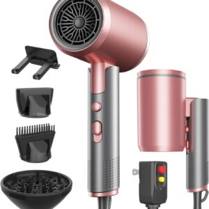 Portable Ionic Hair Dryer, Foldable Handle Hair Dryer,1600W Blow Dryer with Diffuser/Concentrator/Comb Nozzle,Intelligent Temperature Control,Low Noise for Home/Salon/Travel (Pink+Grey)