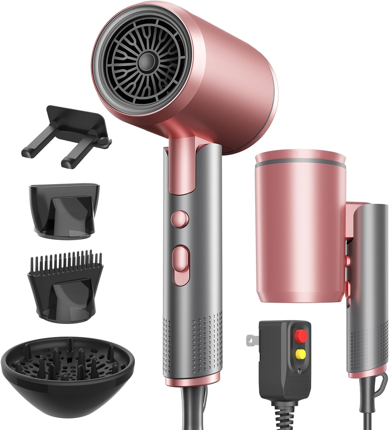 Portable Ionic Hair Dryer, Foldable Handle Hair Dryer,1600W Blow Dryer with Diffuser/Concentrator/Comb Nozzle,Intelligent Temperature Control,Low Noise for Home/Salon/Travel (Pink+Grey)