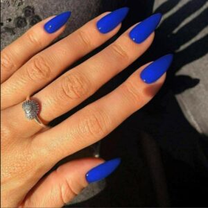 Dark Blue Press on Nails Medium Stiletto Almond,KQueenest Pure Color Acrylic Nails Kit Reusable Fake Nails with Feature Protective UV Coating for Women Nail Art Manicure in 24PCS