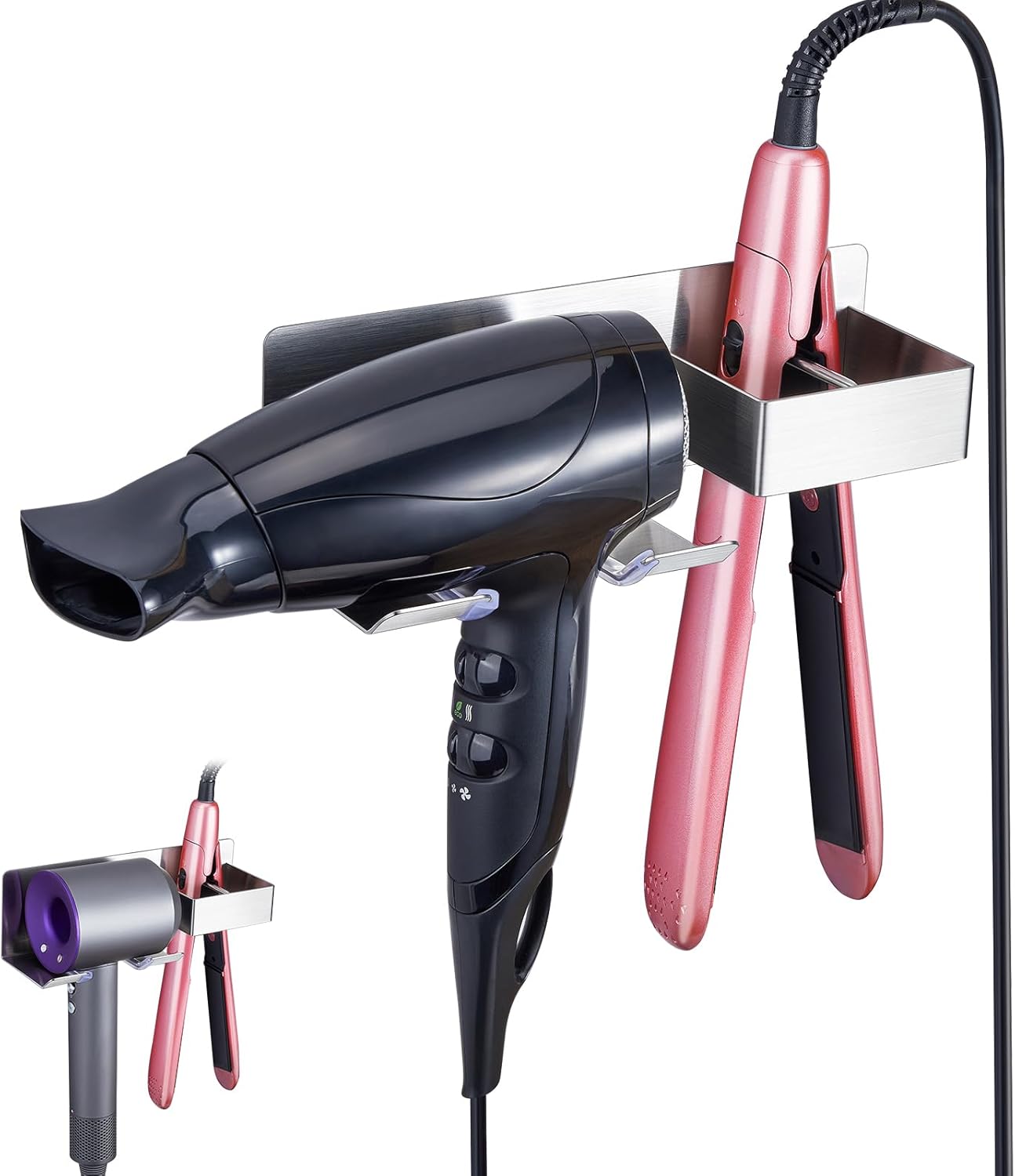 Hair Dryer Holder Wall Mounted, Blow Dryer Holder Stainless Steel, Hair Straightener Holder, Adhesive Hairdryer Holder, Curling Iron Holder Hair Tool Organizer for Bathroom Barber Shops